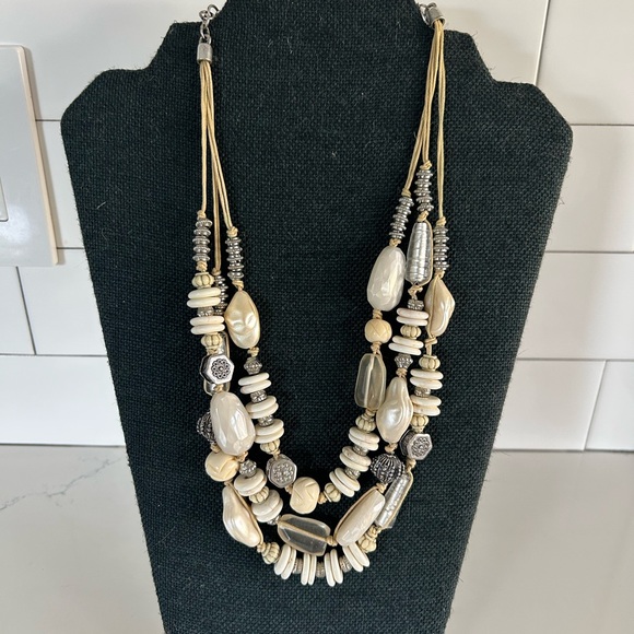 Chico's Jewelry - Chico’s 3 Strand Beaded Necklace Cream & Silver Statement